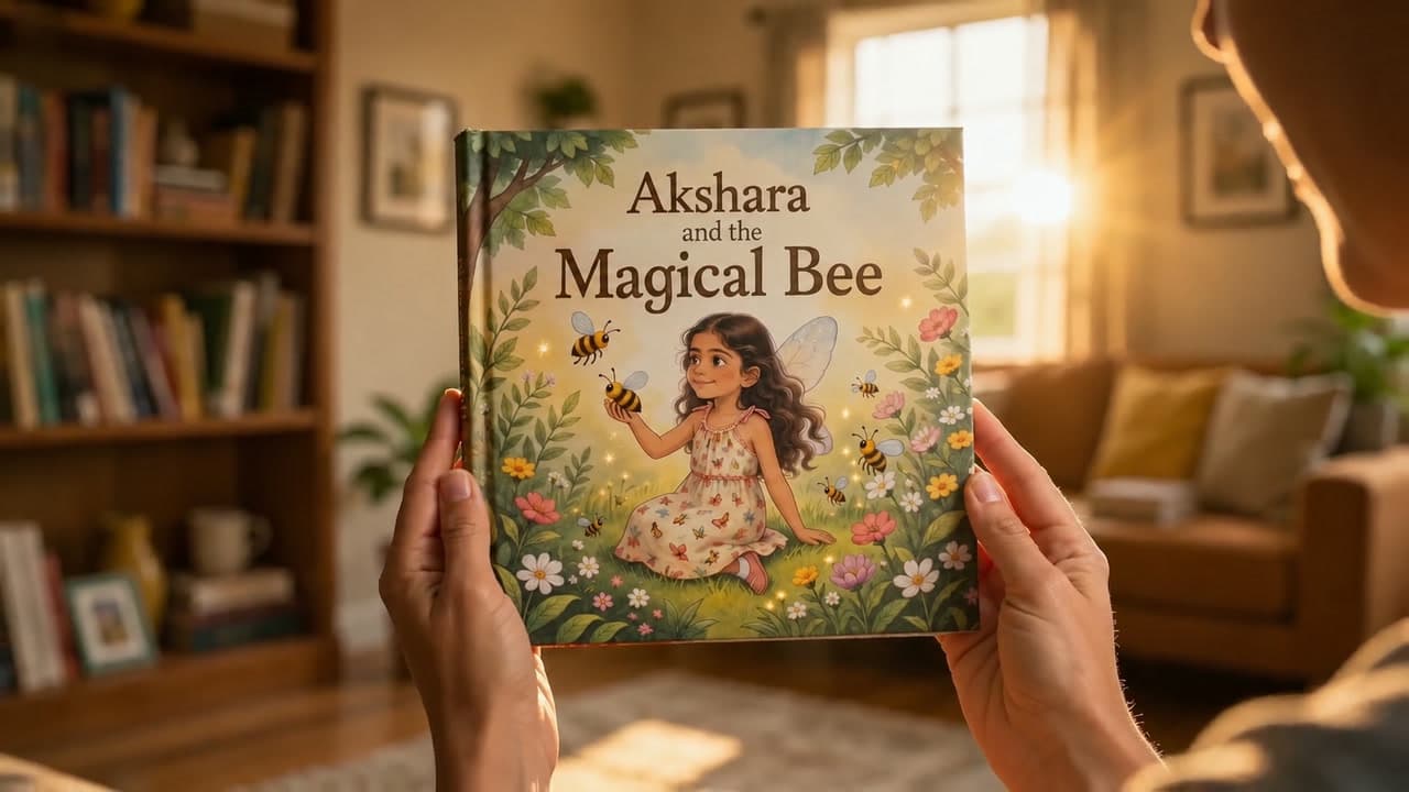 Hands holding the first printed OurLegacy hardcover, “Akshara and the Magical Bee”